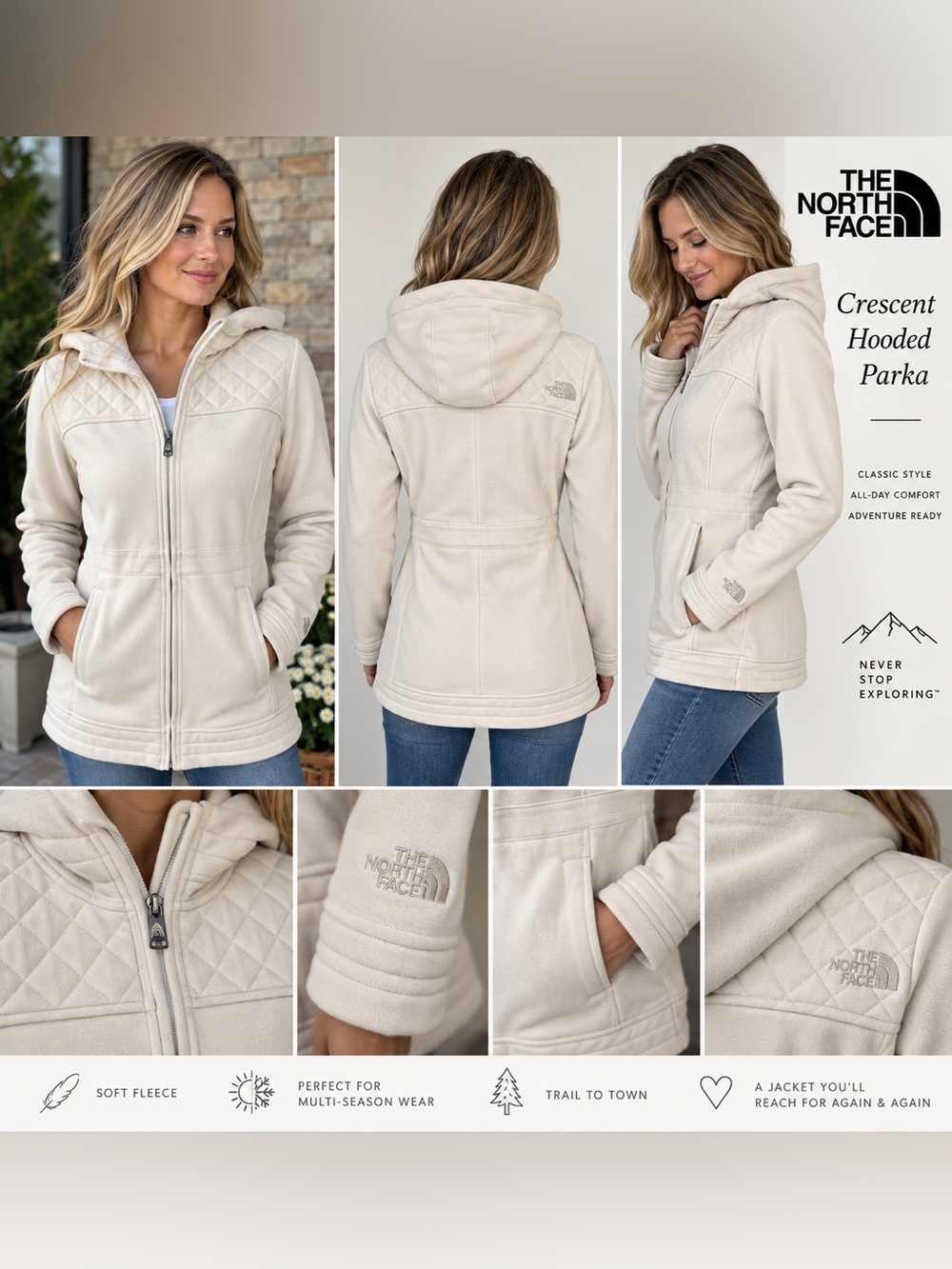 The North Face Crescent Hooded Parka Women M Cream Quilted Fleece Jacket